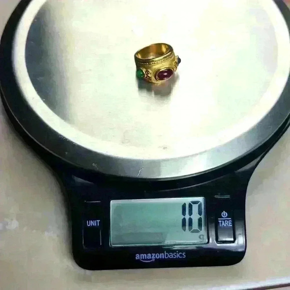 Gold plated ring  with blue red green glass stones size 6 - Picture 10 of 17